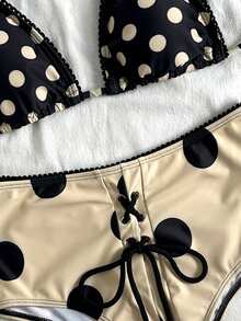 2026 Spring/Summer New Polka Dot Pattern Women's Triangle Bikini Two Pieces Swimwear, High-Waisted With Removable Pads, Halter Tie Neck, Suitable For Beach Vacation, Sexy Bikini Set - Khaki - View 5