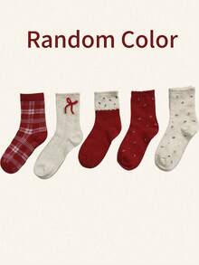 5 Pairs New Year Red Floral Pattern Socks, Thickened Warm Crew Socks, Korean Style, Festive Socks, Random Assorted - Multicolor - View 10