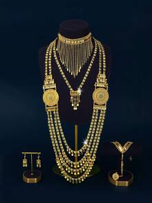 Mgyi 金色铜质时尚高端复古奢华女士首饰套装，18K镀金优雅方形设计项链、耳环、手链、戒指，适合尼日利亚、迪拜、中东、沙特阿拉伯等地，可用于新娘婚礼、日常佩戴、结婚纪念日礼物、万圣节礼物等。 - XSJT-108 - 查看 5