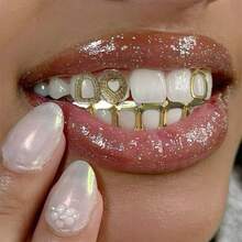 一套独特趣味镂空锆石小爱心光滑单颗镂空6颗牙齿全镂空牙齿饰品，男女通用，适合日常佩戴 - 彩色 - 查看 1