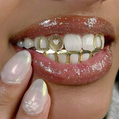 1 set unika roliga ihåliga zirkonia små hjärtan släta enstaka ihåliga 6-tänders hela ihåliga tandsmycken tandtillbehör, unisex för dagligt bruk