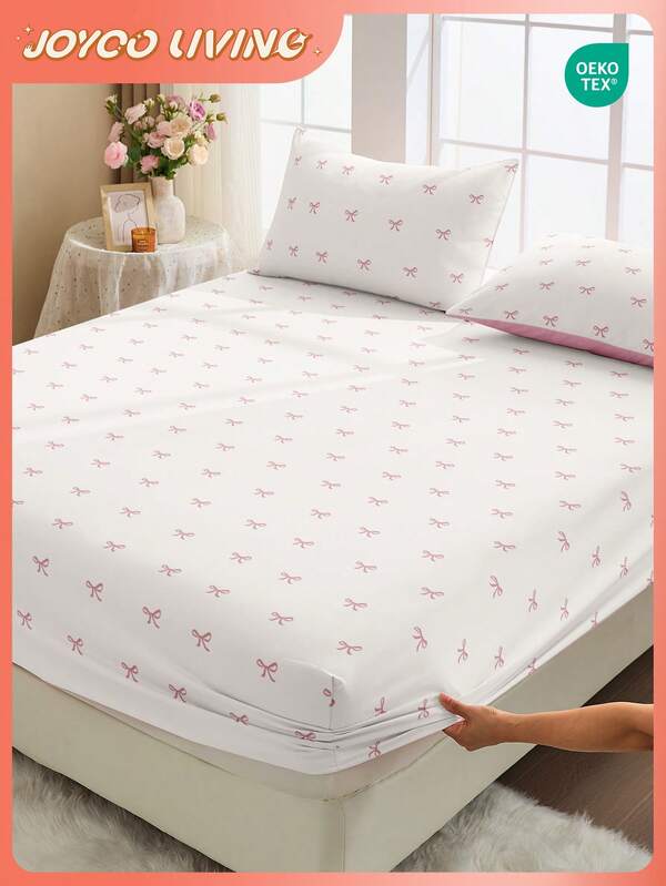 2/3pcs Pink Bow Print Bedding Set (1pc Fitted Sheet + 1/2pcs Pillowcase, Excl. Pillow Insert), Skin-Friendly Mattress Cover, Printed Mattress Protector, Soft & Breathable, Warm, Multiple Sizes Available For Twin/Full/Queen/King Bed, Machine Washable, Home/Bedroom Decor, Oeko-Tex Certified