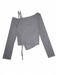 Women's Casual & Commuting Korean Style Asymmetrical Open Shoulder Drawstring Ruched Long Sleeve T-Shirt, Spring/Autumn - Grey - View 2