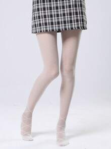 1 Pair White Stockings, Ultra-Thin Anti Hook Silk, Spring And Summer Cross Straps, Lace, Niche Pantyhose, Polka Dot Base, Waistband, Anti Slip Particles - White - View 3