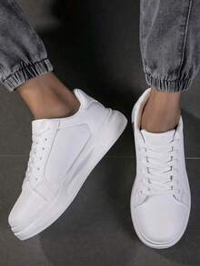 36-45 Unisex Thick Sole Lace-Up Casual Sneakers, White Shoes, Versatile Soft Bottom Student Skate Shoes, Non-Slip & Wear-Resistant - White - View 2