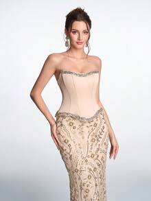 Anymoon 女士优雅水钻亮片花卉图案露背抹胸晚礼服 - 香檳色 - 查看 7