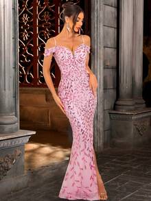 Romagic Elegant Rosa Paljettklänning Brudtärnor Balklänning För Dam Bara Axlar Slits Rygglös Spetsning - Rosa - Visa 1