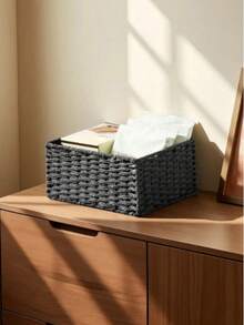 1pc Vintage Woven Storage Basket, Multipurpose Organizer Box For Entryway, Tabletop, Snacks, Cosmetics, Suitable For Bedroom And Living Room, Home Office And Vanity - , Space-Saving, Easy-Access, Clutter-Clearing, Rustic Charm, Textured Woven Design, Lightweight Yet Sturdy, Perfect For Remote Control, Keys, Mail, Makeup, Skincare, Hair Accessories, Small Items, Display On Shelf, Dresser, Or Bedside Table, Ideal For Dorm, Apartment, Real-Life Everyday Organization - Multicolor - View 2