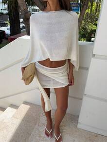 SEREN Spring/Summer New Women Cover Ups, Loose, Casual, Minimalist, Vacation, Seaside Beach, Thin, Transparent, Irregular Hem, Short, Women's Knitted Shirt Top, Women's Beach Wear, White Top, White Cover Ups, White BeachWear, White Knitted Shirt, Summer Holiday Wear, Summer Women's Wear, Summer Music Festival Travel, Bohemian - White - View 2