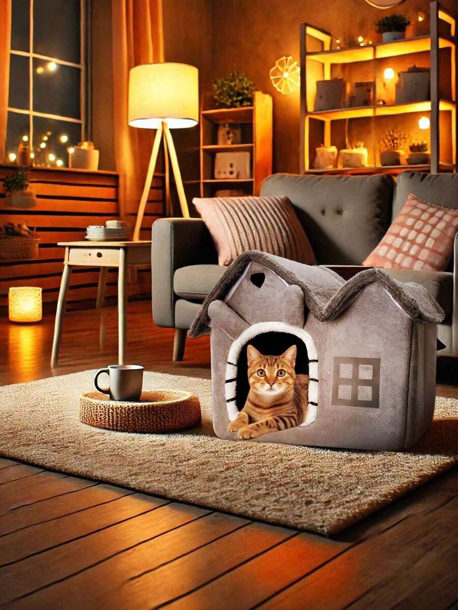 1pc Double Roof Cat House Dog House, Foldable Cartoon Shaped Pet House, Detachable And Washable Pet Bed Suitable For Small Dogs And Cats, Removable Cushion And Non-Slip Bottom - Black Window Style - View 1