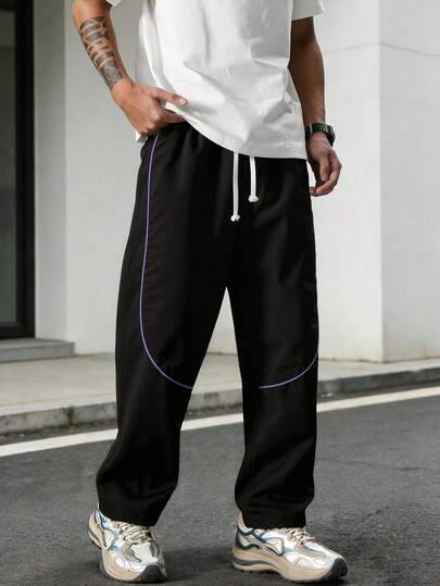Men's All-Season Casual Sports Straight-Leg Pants, With Drawstring Waist And Side Pockets, Unique Line Design For Fashionable Look. Suitable For Daily Casual Wear, Running, Ball Sports, Gym And Other Activities.