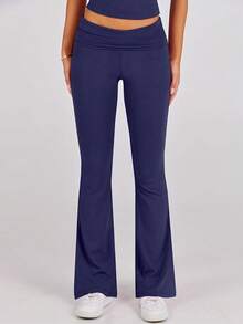 Lounge Sets For Women 2 Piece Foldover Yoga Flare Leggings Pants Crop Tops Casual Y2K Outfits Matching Tracksuit Set - 藏蓝色 - 查看 5