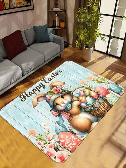 1pc Easter Themed Rabbit & Floral Pattern Printed Carpet, Polyester Faux Wool Non-Slip Doormat, Indoor & Outdoor Entrance Mat, Home Decor, Bathroom Porch Rug, Holiday Decoration, Great Gift