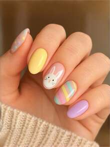 24套复活节主题椭圆形美甲贴纸，采用柔和的彩色条纹和圆点图案，可爱的兔子造型，光滑表面，全覆盖式人造指甲，可爱的小兔子图案，适合日常佩戴。椭圆形假指甲，适合女性在节日和派对等场合使用。 - 彩色 - 查看 9