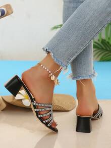 Fashionable Casual Crystal Glass Diamond Women's High Heel Chunky Heel Slip-On Sandals - Black - View 4