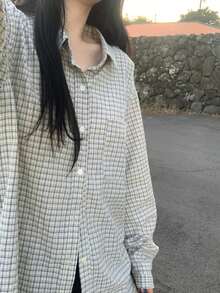 女士格子翻领单排扣休闲百搭通勤长袖衬衫 - 米色 - 查看 7