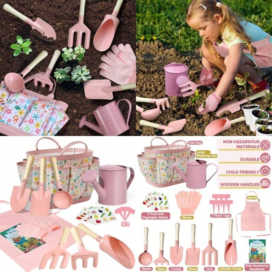 Gardening Set 14Pcs Gardening Tools For With Tote BagWatering Can Shovel Apron Garden Book And More Educational STEM Learning Outdoor For Toddlers Boys Girls PinkChildren's Growth Games, Fun And Joyful, Essential For Childhood - Pink - View 1