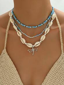 3pcs Fashionable Sexy Versatile Bohemian Ocean Style Shell, Bead & Dragonfly Pendant Necklaces, Suitable For Casual, Party, Music Festival, Beach Vacation Outfits - Baby Blue - View 5