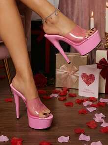 Platform High Heels For Women Solid Color Round Toe Summer Sandals Outdoor Indoor Party Dressy Shoes Valentine's Day Outfits - 粉色 - 查看 2