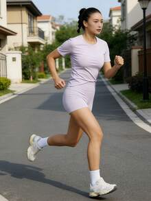 2pcs Women's Fashion Round Neck Short Sleeve T-Shirt And Sports Shorts, Spring/Summer - 短款紫色 - 查看 2