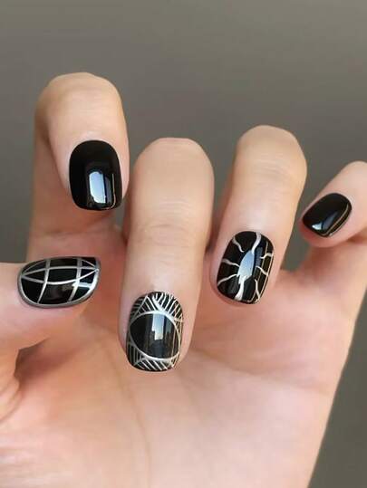 24pcs Short Square Ramadan Press On Nails, Minimalist Style Irregular Lines Black Design Men Nude Short Nails Full Cover Glossy False Nails Set, Include: 1pc Jelly Glue And 1pc Nail File, Easy To Wear Daily Fake Nails & French Tip Nails Press On Art For Men Daily Life