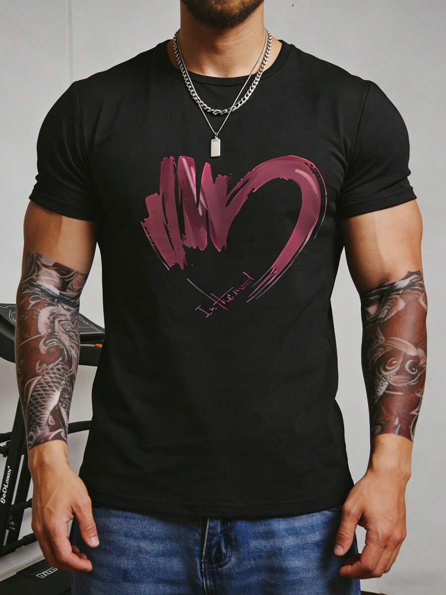 Men's Casual Undershirt, Valentine's Day Heart Print T-Shirt, Fashionable Pattern, Romantic Personalized, Knit Fabric Short Sleeve, Round Neck Regular Fit - Black - View 1