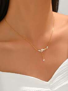 1pc Fashionable Delicate Flower & Butterfly Pendant Necklace With Zirconia Stone, Minimalist Versatile Choker Necklace Suitable For Any Occasion - Necklace - View 2