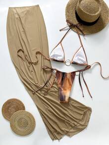 3 pièces Ensemble de maillot de bain à imprimé floral vintage pour femmes, style sexy élégant et romantique, comprenant un Top court à bretelles fines, un bas échancré et une longue jupe paréo. Convient pour la plage, les vacances, la Saint-Valentin - Taupe - Voir 6