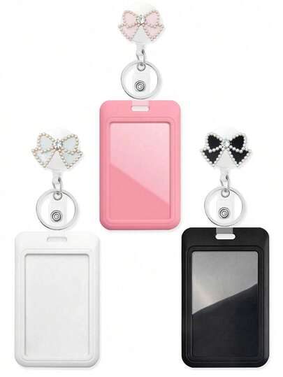 1pc Retractable ID Badge Reel With Cute Rhinestone Bow, Shiny Faux Pearl Keychain, Best Gift For Doctors, Nurses, Teachers, Students, Office Workers. Also Suitable For Car Accessories And Bag Decoration.