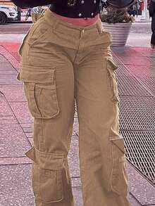 Women's High Waisted Boyfriend Style Distressed Y2K Denim Jeans,Women's Solid Color Simple Casual Denim Pants Y2k,Solid Color Multi-Pocket Button Commuting Simple Y2K Casual Cute Work Pants Long Pants - Màu Khaki - Xem 4