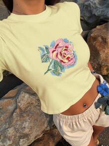 Summer New Simple Fashion Artistic Hand-Painted Pink Rose Print Casual Round Neck Short Sleeve Waist T-Shirt, Versatile & Fashionable Women Top - Yellow - View 9