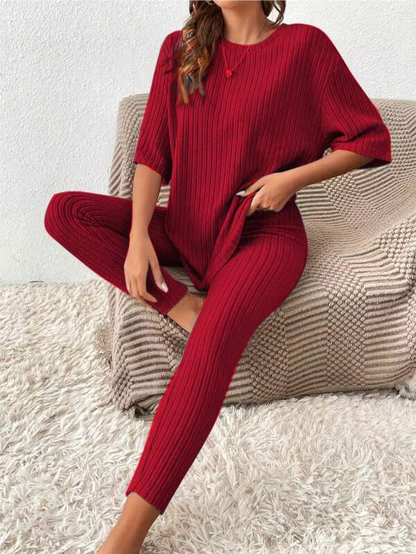 2pcs/Set Casual Sports Style Short Sleeve Top + Leggings, Loose Ribbed Brushed Design, Suitable For Daily Wear, Vacation, Party, Hiking, Sports