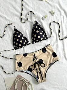 2026 Spring/Summer New Polka Dot Pattern Women's Triangle Bikini Two Pieces Swimwear, High-Waisted With Removable Pads, Halter Tie Neck, Suitable For Beach Vacation, Sexy Bikini Set - Khaki - View 2