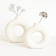 2Pcs Vase Set For Modern Abstract Donut Round Minimalist Tabletop Decorative White - 白色 - 查看 8
