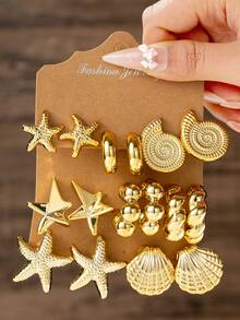 4/6/16件套新款时尚金色光滑不规则五角星、海星、贝壳、螺旋、C形珍珠耳钉套装，适合男士、情侣、海滩、旅行、日常佩戴，时尚优雅，百搭各种服饰。 - 金色 - 查看 6