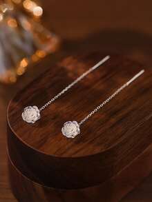 1 Pair S925 Sterling Silver Iridescent Romantic Rose Flower Earrings, Women Luxury Elegant Tassel Earrings, Versatile Everyday Wear Accessories, Gift - Rose - View 1