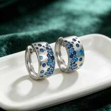 Elegant Luxury Silver Hoop Earrings, Micro-Inlaid With Blue Synthetic Cubic Zirconia, A Charming Jewelry Accessory For Festive Occasions - Silver - View 1