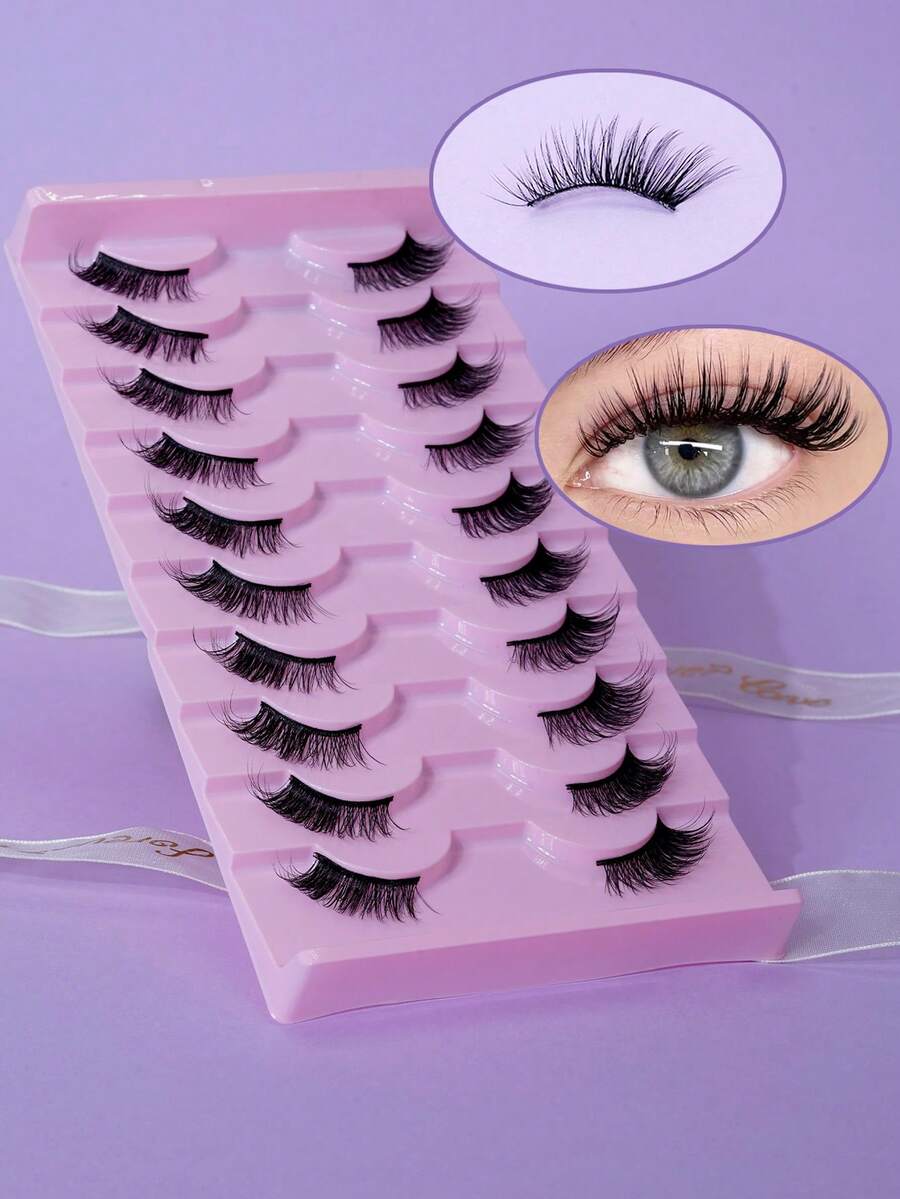 10 Pairs Cat Eye Natural Pink Base Elongate & Voluminous Soft One-Piece Half False Eyelashes - Natural Lashes - View 1
