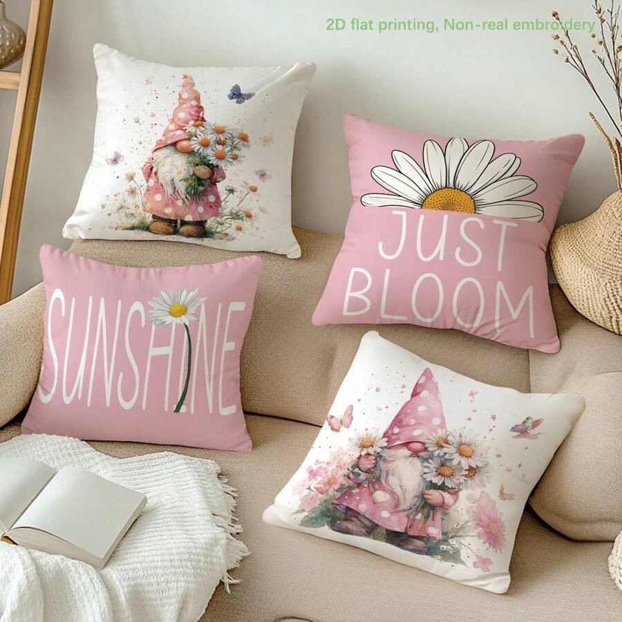 MEMNUN 4件套春日雏菊小矮人“绽放阳光”励志语录印花枕套，涤纶面料，单面印花，适合家居装饰、客厅沙发靠垫，四季皆宜，礼品之选 - 彩色 - 查看 1