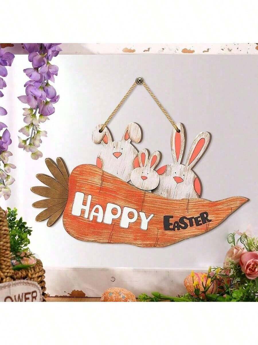 1 قطعة لافتة باب عيد الفصح الديكورية، زخرفة أرنب عيد الفصح والجزر، لوحة جدارية خشبية معلقة، ديكور أرنب عيد الفصح، ديكورات موسم الربيع لحفلة عيد الفصح، ديكور المنزل والباب الأمامي والشرفة - متعدد الألوان - مشاهدة 1