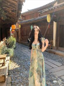 Seaside Holiday Wind Printing Light Green Smudge Gradual Change Printing V-Neck Waist Big Swing Chiffon Dress, Mori Fairy Wind, Seaside Photo Dress - 彩色 - 查看 6