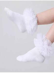 1 Pair Ruffle Trim Baby Girl Princess Socks, Fluffy Pleated Socks - White - View 8