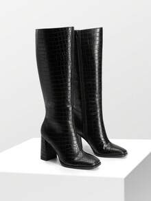 Women's Chunky Heel Go-Go Boots - Square Toe Knee High Side Zip Tall Boots For Casual, Retro, Party - màu đen - Xem 1