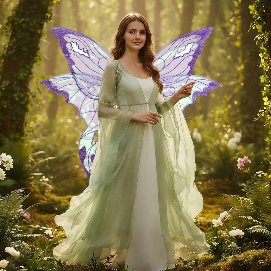 Butterfly Wing For Women, Double Layered Glitter Cutout Sheer Fairy Wings Halloween Cosplay Supplies - 紫色 - 查看 1