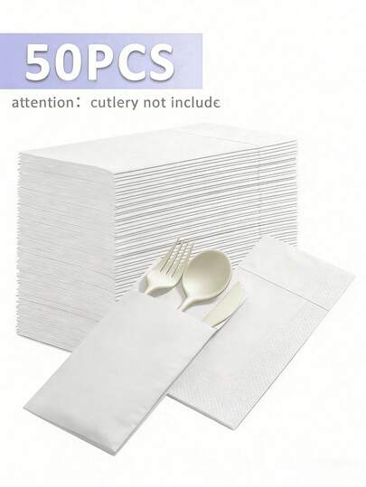 5/50片装白色棉质一次性餐巾纸，也可作餐具架使用 - 高吸水性，打造优雅的餐桌布置，适用于婚礼、派对、盛会、节日和特殊场合 | 派对用品 | 精致的餐桌装饰 | 餐具架设计