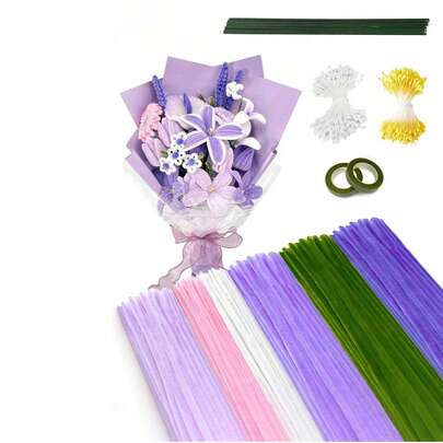 524支什锦彩色毛毡棒 - DIY工艺品和花束毛根套装，毛根工艺品，毛根花束套装（含花蕊和花束丝带），花茎，工艺美术紫色毛毡棒