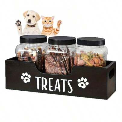 Wooden Pet Treat Storage Box + 3 Airtight Containers, Solid Wood Desktop Storage Box Set, Portable Treat Jars For Taking Cat And Dog Treats With You When You Go Out, Food Storage Box With Handle, Fine Workmanship, Mortise And Tenon Structure, Durable And Not Easy To Crack.