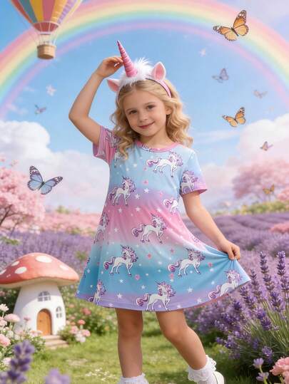 女の子夏用レインボーオンブレスター柄半袖Aラインワンピース、かわいらしく夢のような、デイリーウェアやバケーション用に多用途