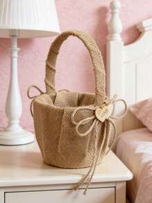 1PC Burlap Wedding Flower Girl Basket Double Heart And Bowknot For Vintage Rustic Wedding Baby Shower Party - Multicolor - View 5