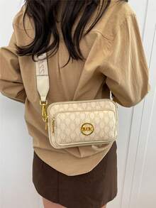 Bolso de hombro, bolso cuadrado, bolso bandolera con diseño de letra, patrón de animal, unicolor, impermeable, de piel sintética, con diseño de rombos y logo metálico de animal, adecuado para compras, estilo retro y elegante, para mujer - Beis - Ver 5